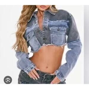 PrettyLittleThing Two Tone Cropped Denim Jacket 2 NWT